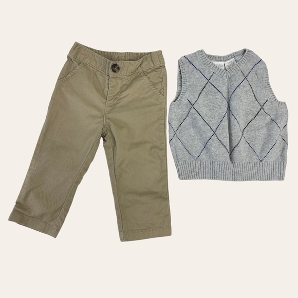 Bundle kids 2 piece 3-6 month khaki pants and vest sweater - Picture 1 of 10